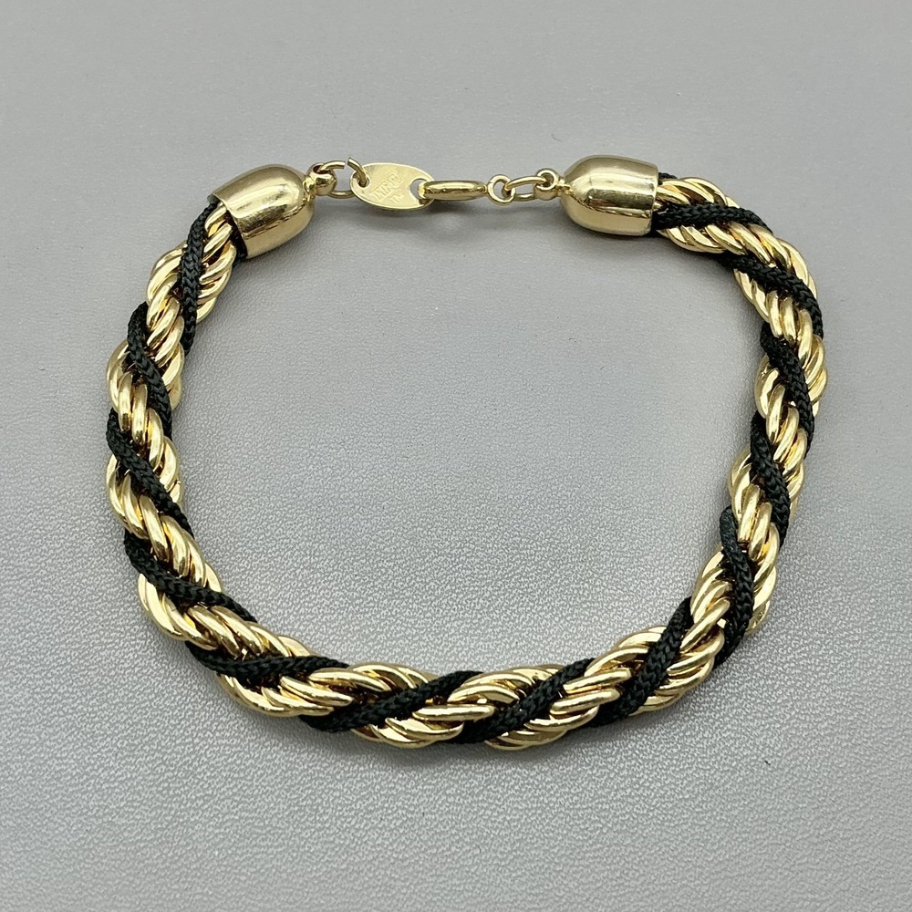 Trifari Vintage Gold Tone Black Twisted Rope Cord Bracelet 7.5"